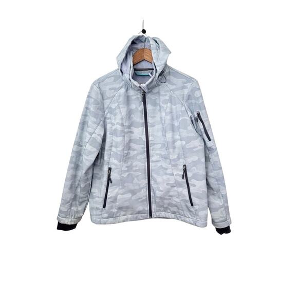 Free Country Women XL Hood  Softshell Jacket – Light Blue Camo – Zip Up Fleece - Picture 1 of 10